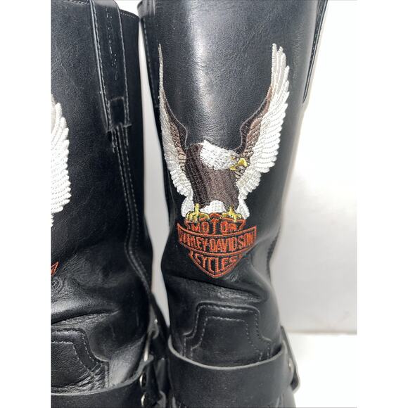 Harley Davidson Black Leather Boots Harness Embroider Eagle Logo SQ Toe- Men’s 9 - Picture 3 of 12